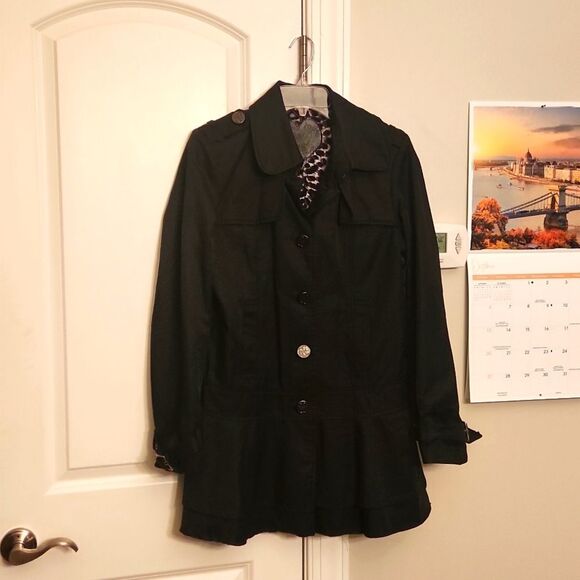 Guess Women's Black Rain Trench Coat Single Buttons Leopard-Print Lining Size M - Picture 1 of 13